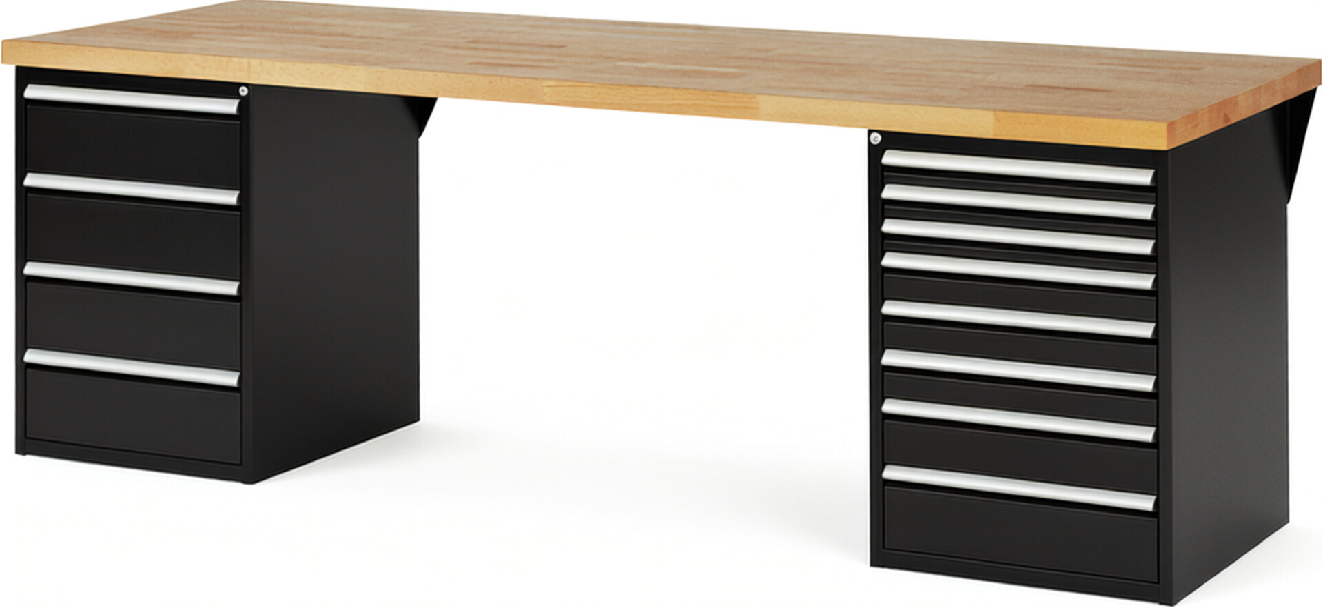 Werkbank Modell 7822 schwarz, BxTxH 2500x900x890 mm,  Buche-Massiv Arbeitsplatte 40 mm,  12 Schubladen mit  Vollauszug 100 % und  SoftClosing