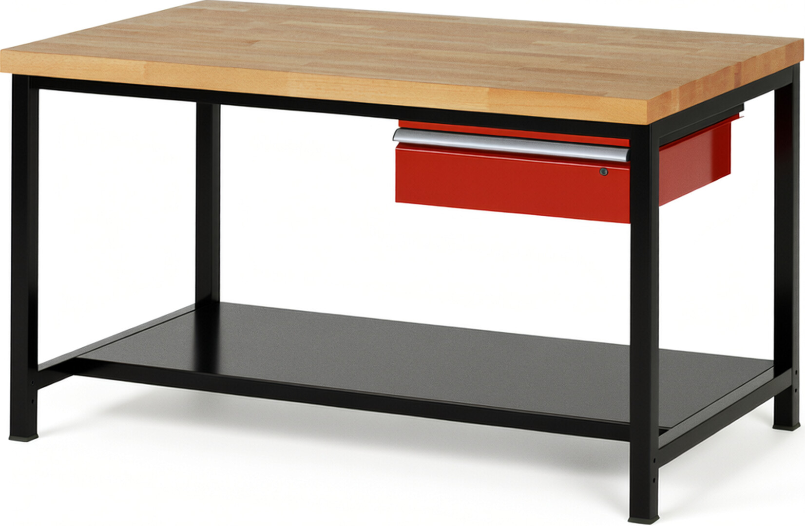 RAU Werkbank schwarz - rot - Breite 150 cm - Tiefe 90 cm - Höhe 104 cm - Buche-Massiv Arbeitsplatte 40 mm