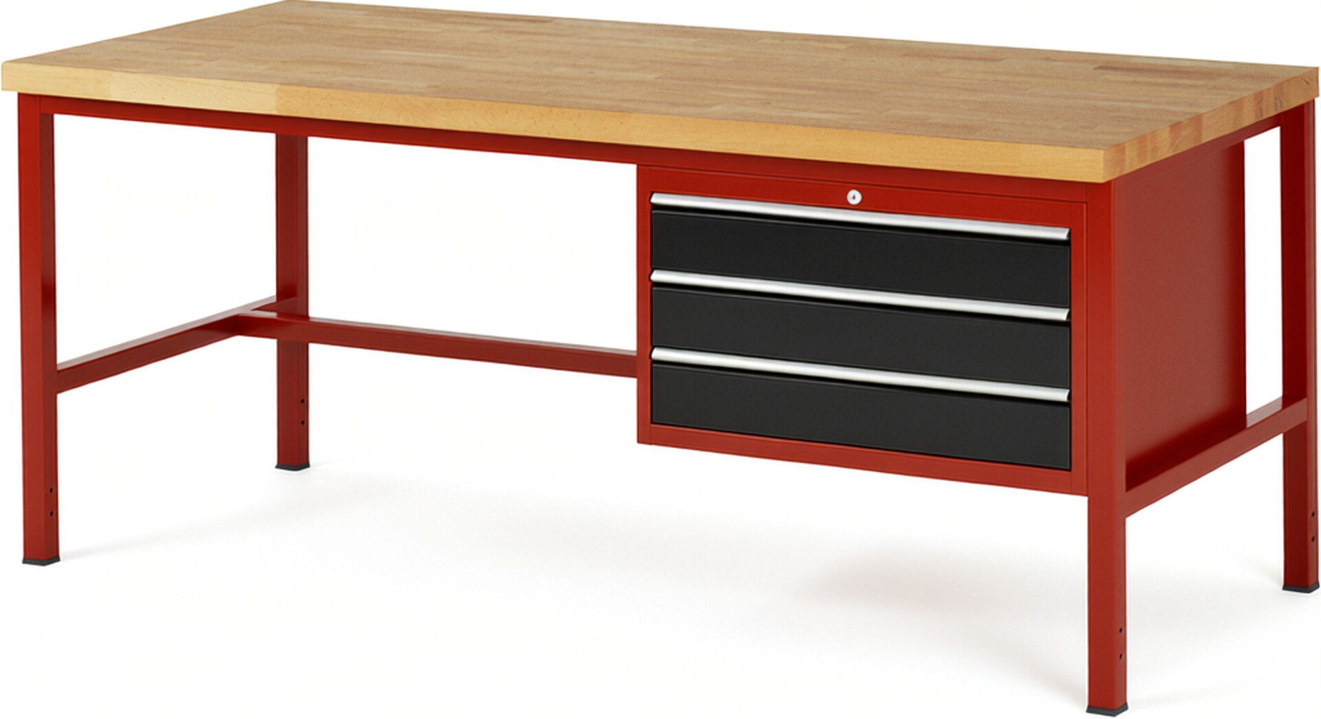 Werkbank Modell 8227 rot - schwarz, BxTxH 2000x900x840 mm,  Buche-Massiv Arbeitsplatte 40 mm,  3 Schubladen mit  Vollauszug 100 % und  SoftClosing