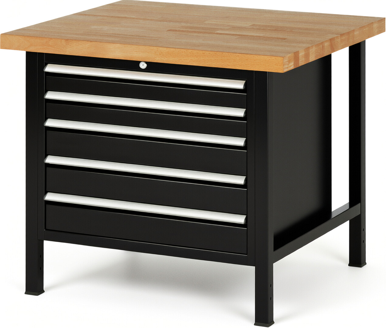 Werkbank Modell 8271 schwarz, BxTxH 1000x900x840-1040 mm,  Buche-Massiv Arbeitsplatte 40 mm,  5 Schubladen mit  Auszug 90 %