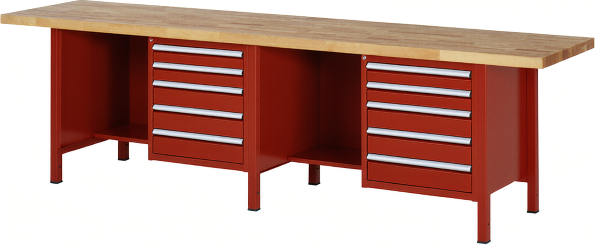 Werkbank Modell 8454 rot, BxTxH 3000x700x840 mm,  Buche-Massiv Arbeitsplatte 40 mm,  10 Schubladen mit  Vollauszug 100 % und  SoftClosing