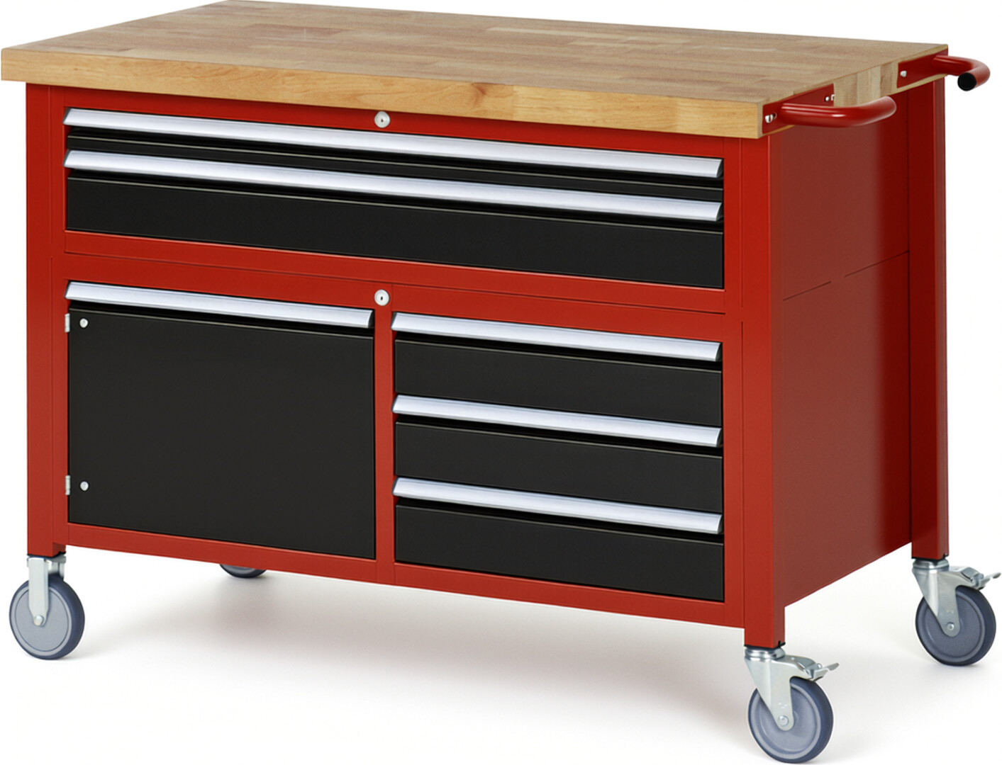 Fahrbare Werkbank Modell 8922 rot - schwarz, BxTxH 1250x700x920-1120 mm,  Buche-Massiv Arbeitsplatte 40 mm,  5 Schubladen mit  Auszug 90 %