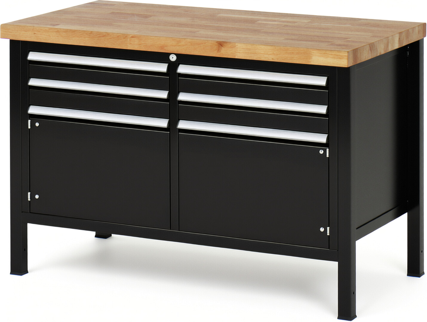 Werkbank Modell 8469 schwarz, BxTxH 1250x700x840 mm,  Buche-Massiv Arbeitsplatte 40 mm,  4 Schubladen mit  Vollauszug 100 % und  SoftClosing