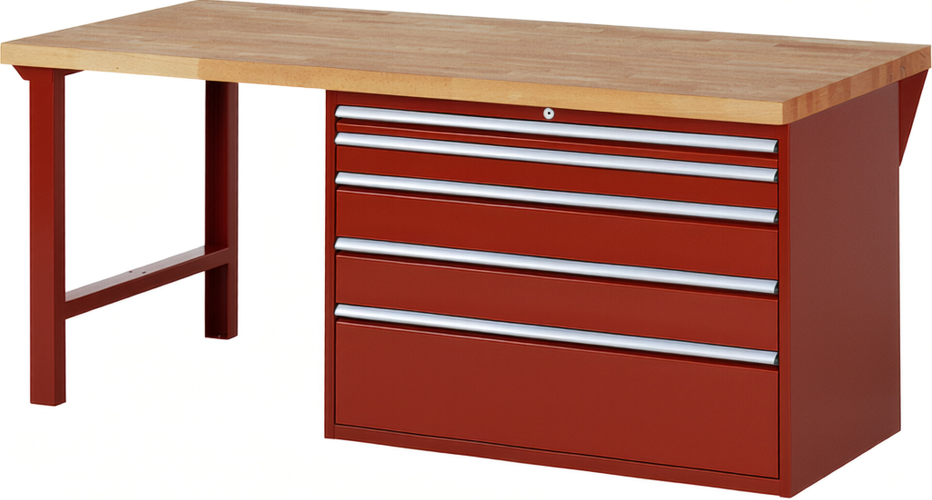 Werkbank Modell 7711 rot, BxTxH 2000x900x890 mm,  Buche-Massiv Arbeitsplatte 40 mm,  5 Schubladen mit  Vollauszug 100 % und  SoftClosing