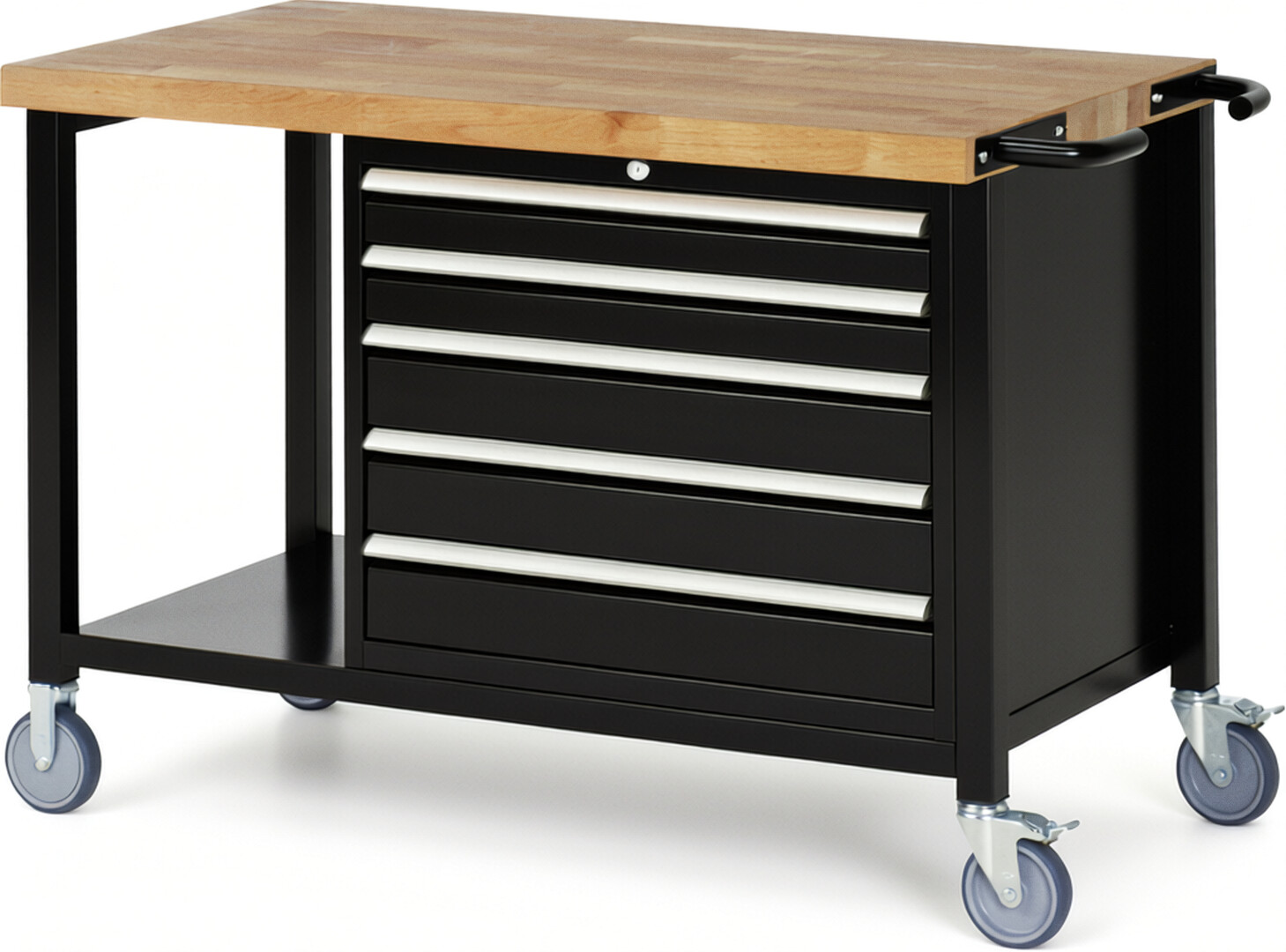 Fahrbare Werkbank Modell 8271 schwarz, BxTxH 1250x700x880 mm,  Buche-Massiv Arbeitsplatte 40 mm,  5 Schubladen mit  Auszug 90 %