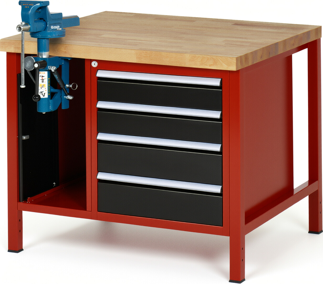 Werkbank Modell 8185 rot - schwarz, BxTxH 1000x900x840-1040 mm,  Buche-Massiv Arbeitsplatte 40 mm,  4 Schubladen mit  Auszug 90 %