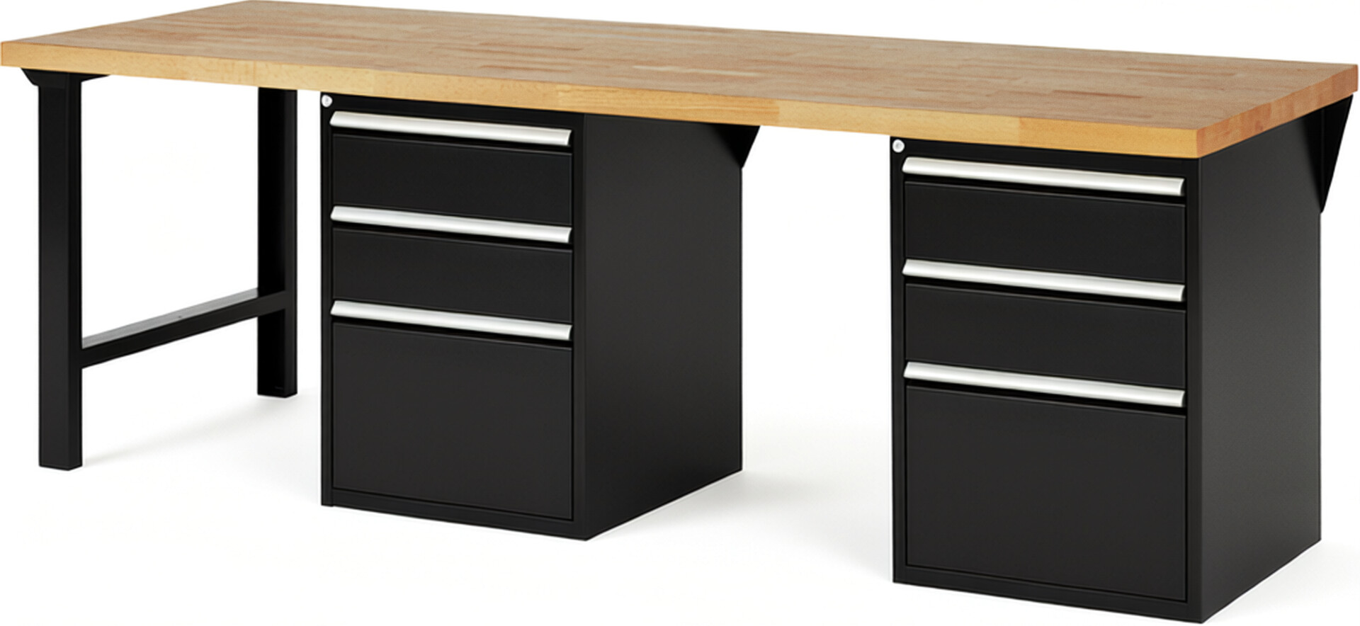 Werkbank Modell 7507 schwarz, BxTxH 2500x900x890 mm,  Buche-Massiv Arbeitsplatte 40 mm,  6 Schubladen mit  Vollauszug 100 % und  SoftClosing
