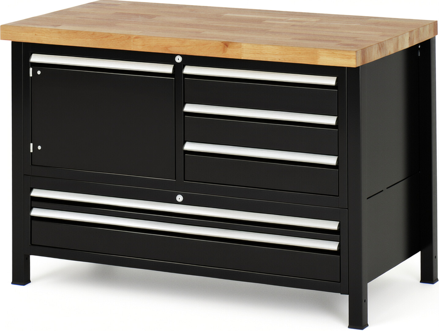 Werkbank Modell 8932 schwarz, BxTxH 1250x700x840 mm,  Buche-Massiv Arbeitsplatte 40 mm,  5 Schubladen mit  Auszug 90 %
