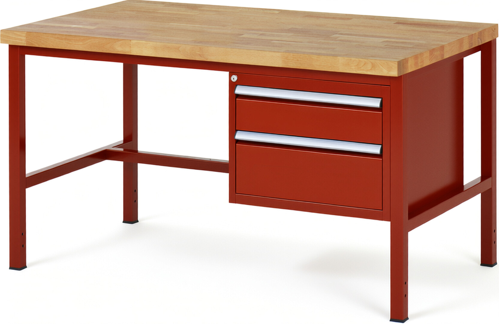 Werkbank Modell 8123 rot, BxTxH 1500x900x840-1040 mm,  Buche-Massiv Arbeitsplatte 40 mm,  2 Schubladen mit  Auszug 90 %