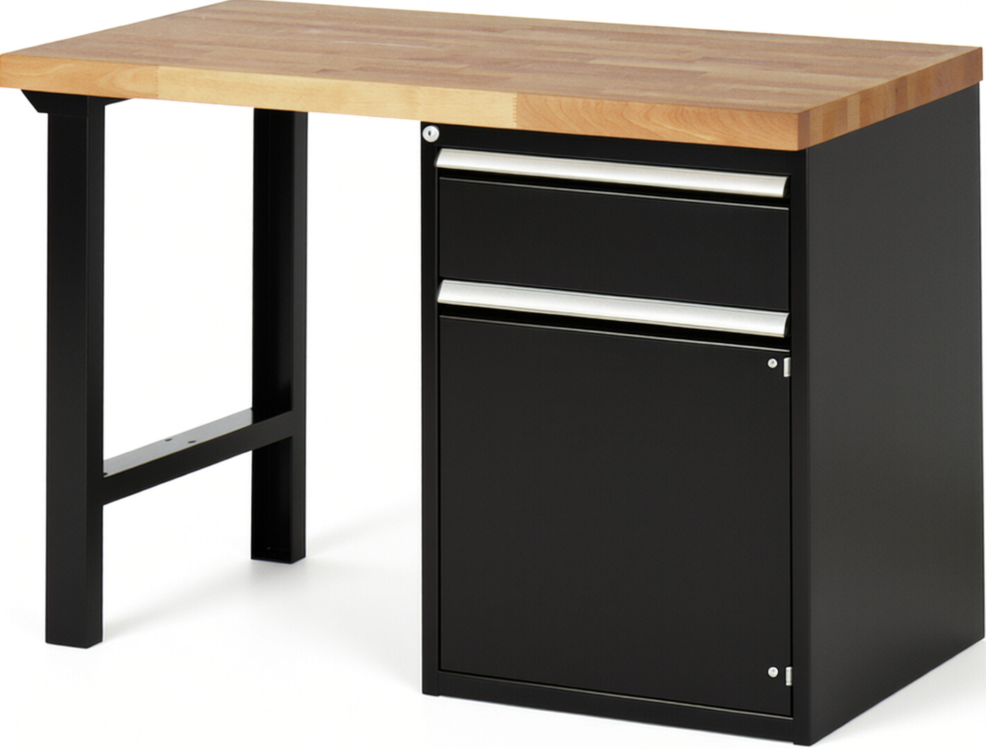 Werkbank Modell 7502 schwarz, BxTxH 1250x700x890 mm,  Buche-Massiv Arbeitsplatte 40 mm,  1 Schublade mit  Auszug 90 %