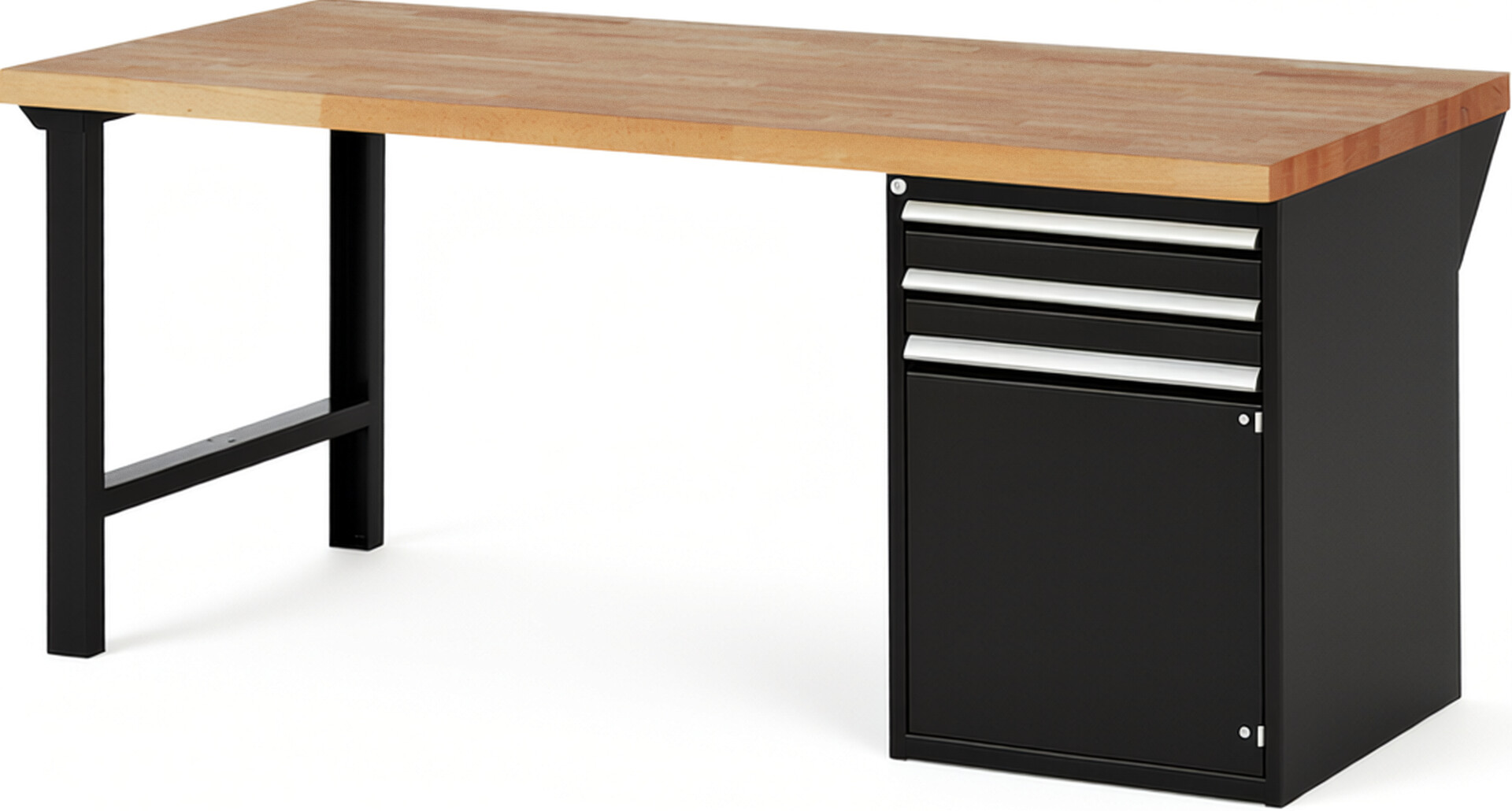 Werkbank Modell 7503 schwarz, BxTxH 2000x900x890 mm,  Buche-Massiv Arbeitsplatte 40 mm,  2 Schubladen mit  Vollauszug 100 % und  SoftClosing