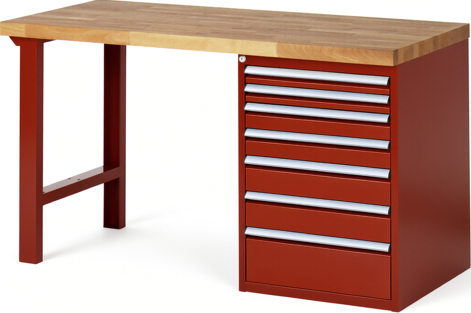 Werkbank Modell 7517 rot, BxTxH 1500x700x890 mm,  Buche-Massiv Arbeitsplatte 40 mm,  7 Schubladen mit  Auszug 90 %