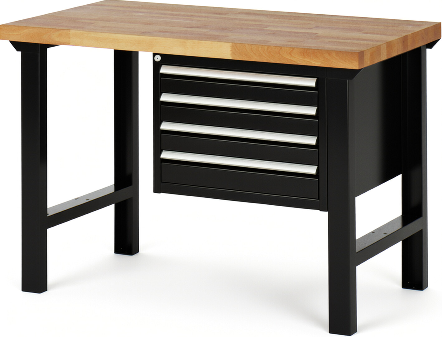 Werkbank Modell 7133 schwarz, BxTxH 1250x700x840 mm,  Buche-Massiv Arbeitsplatte 40 mm,  4 Schubladen mit  Vollauszug 100 % und  SoftClosing
