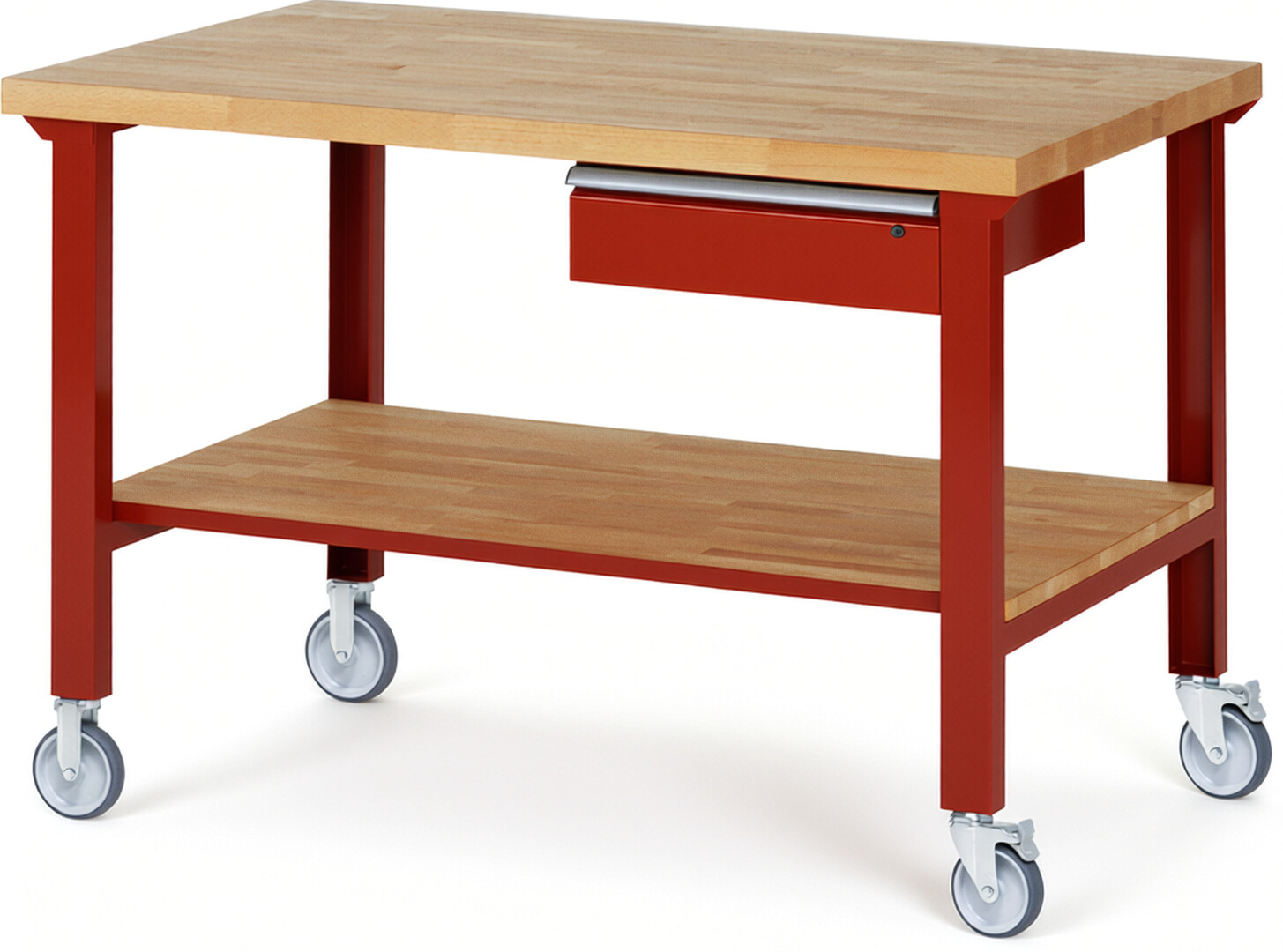 Fahrbare Werkbank Modell 7001 rot, BxTxH 1500x900x1000 mm,  Buche-Massiv Arbeitsplatte 40 mm,  1 Schublade mit  Auszug 90 %