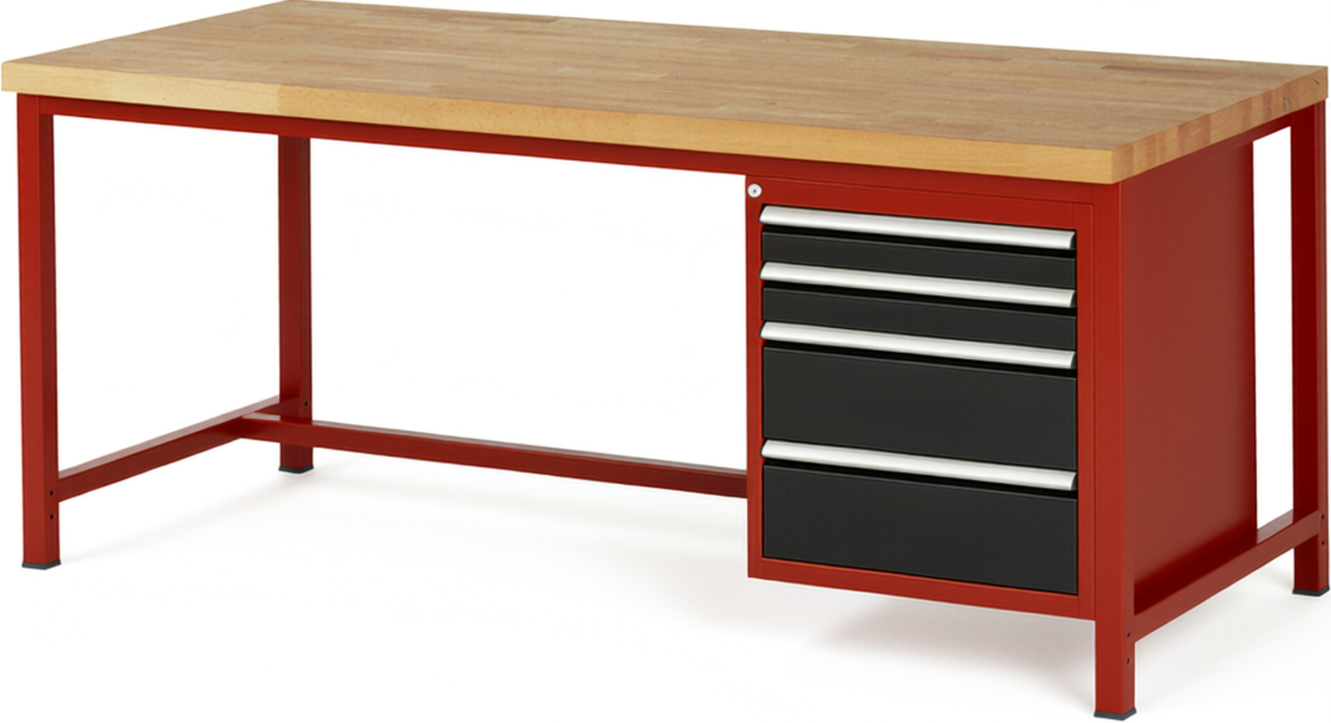Werkbank Modell 8161 rot - schwarz, BxTxH 2000x900x840 mm,  Buche-Massiv Arbeitsplatte 40 mm,  4 Schubladen mit  Auszug 90 %