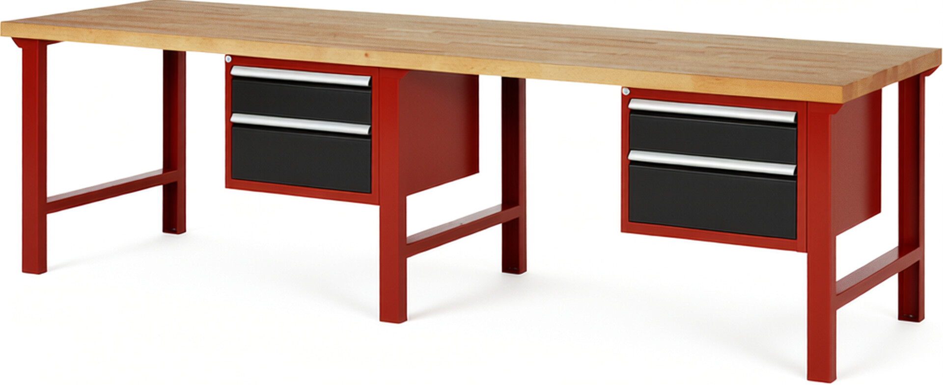 Werkbank Modell 7123 rot - schwarz, BxTxH 3000x900x840 mm,  Buche-Massiv Arbeitsplatte 40 mm,  4 Schubladen mit  Auszug 90 %