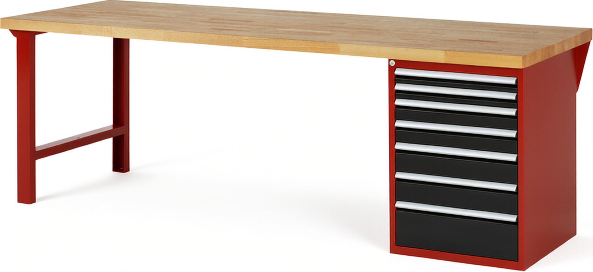 Werkbank Modell 7517 rot - schwarz, BxTxH 2500x900x890 mm,  Buche-Massiv Arbeitsplatte 40 mm,  7 Schubladen mit  Vollauszug 100 % und  SoftClosing