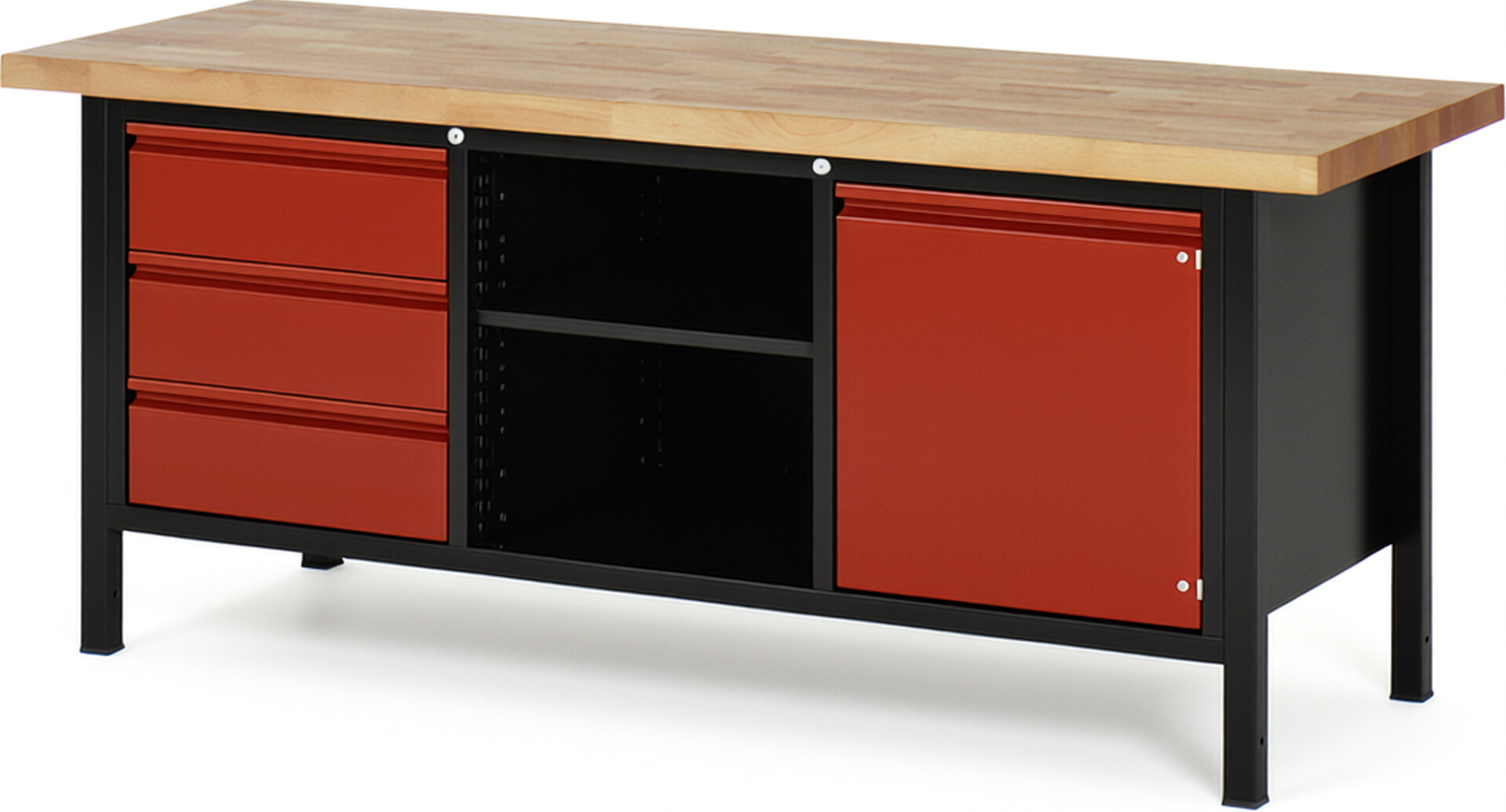 Werkbank schwarz-rot, BxTxH 2000x700x840-1040 mm, Platte Buche 40 mm, 3 Schubladen 180 mm, 1 Fachboden, 1 Türe 540 mm dahinter  1 Fachboden, RAL 9011/3000
