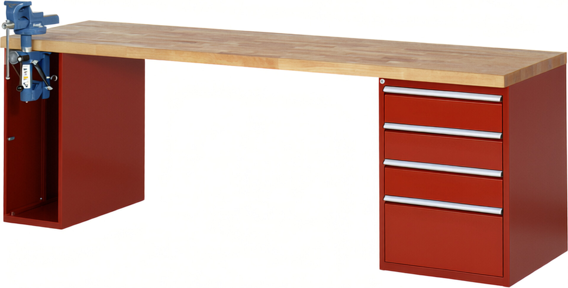 Werkbank Modell 7510 rot, BxTxH 2500x700x890 mm,  Buche-Massiv Arbeitsplatte 40 mm,  4 Schubladen mit  Vollauszug 100 % und  SoftClosing