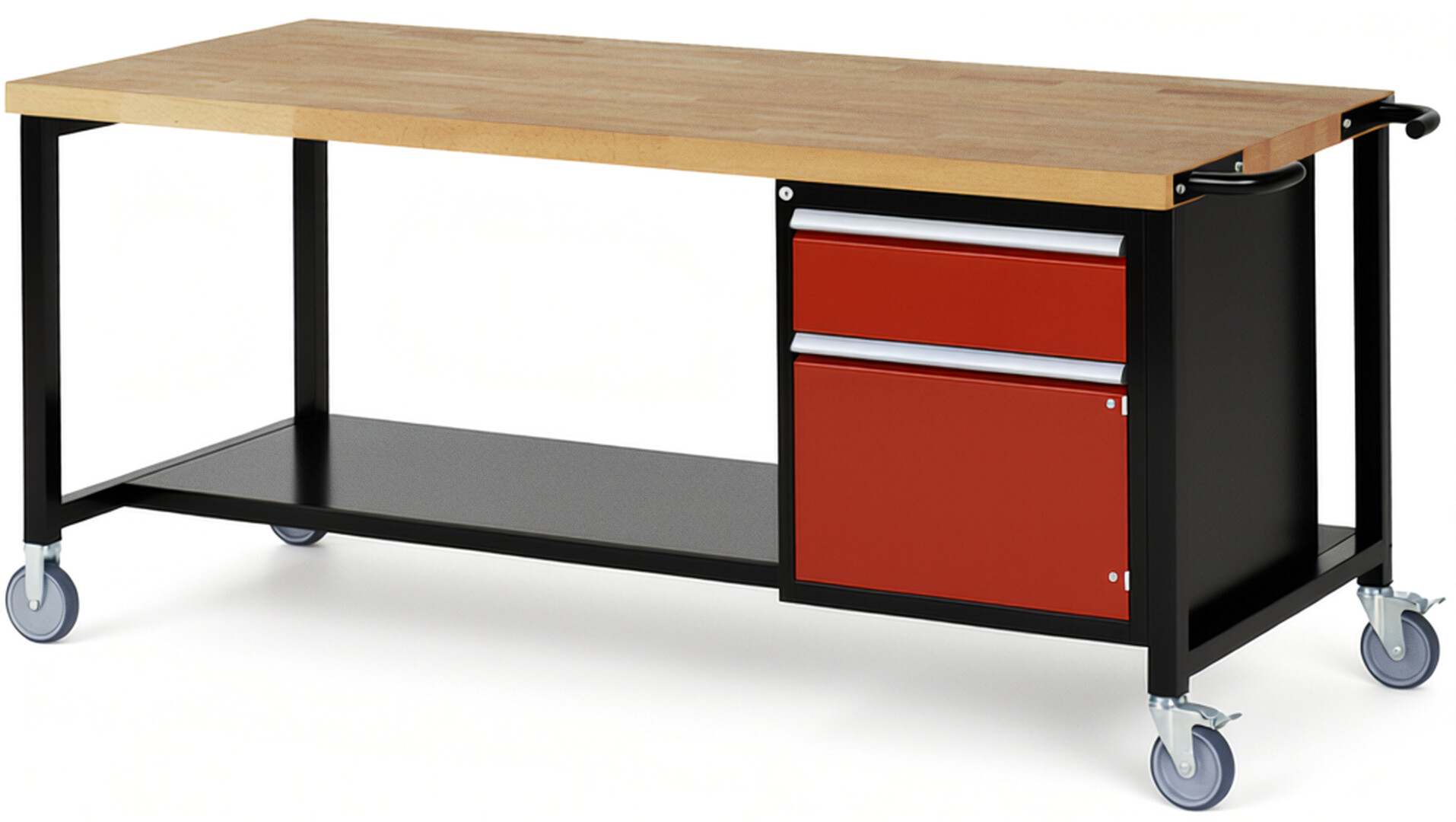 RAU Werkbank schwarz - rot - Breite 200 cm - Tiefe 90 cm - Höhe 108 cm - Buche-Massiv Arbeitsplatte 40 mm