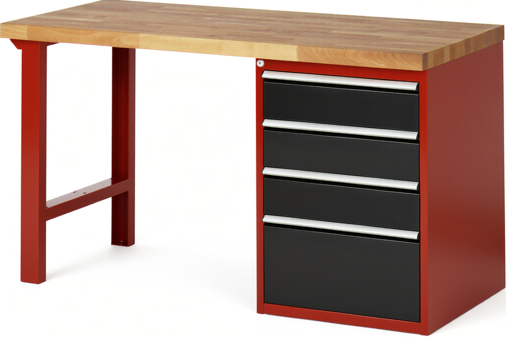 Werkbank Modell 7510 rot - schwarz, BxTxH 1500x700x890 mm,  Buche-Massiv Arbeitsplatte 40 mm,  4 Schubladen mit  Auszug 90 %