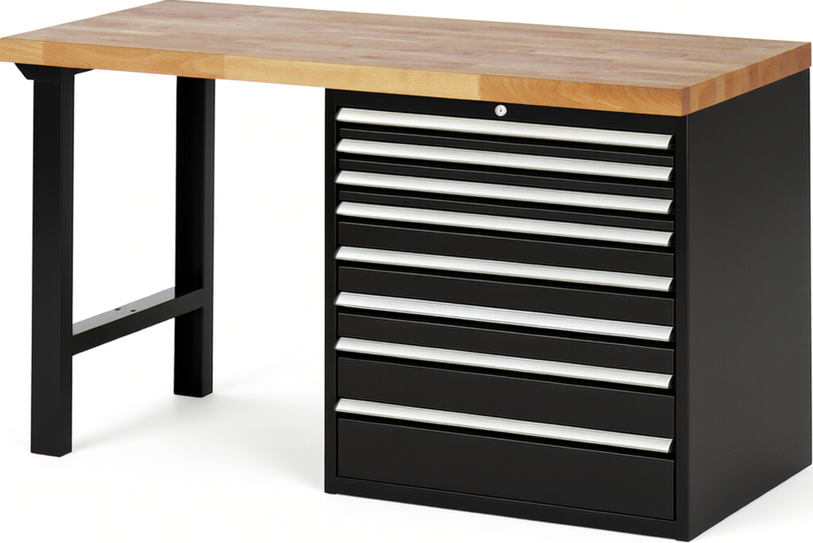 Werkbank Modell 7619 schwarz, BxTxH 1500x700x890 mm,  Buche-Massiv Arbeitsplatte 40 mm,  8 Schubladen mit  Vollauszug 100 % und  SoftClosing