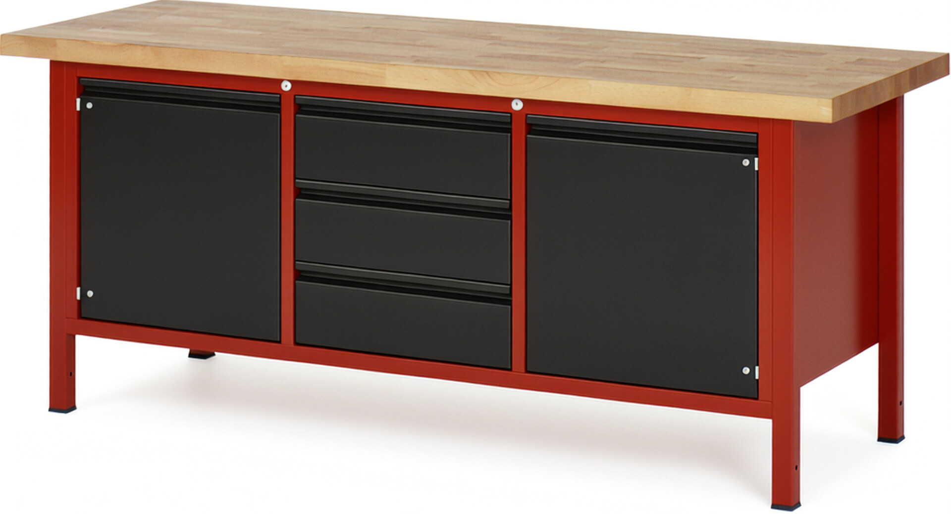 Werkbank, Platte Buche 40 mm rot - schwarz, BxTxH 2000x700x840 mm, 3 Schubladen 180 mm, 2 Türen 540 mm, 2 Fachböden, RAL 3000/9011