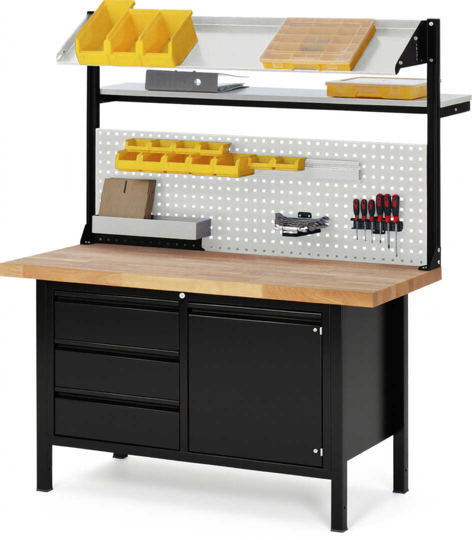 Werkbank - Modell 8468 BASIC schwarz, BxTxH 1500x700x840 mm,  Buche-Massiv Arbeitsplatte 40 mm,  3 Schubladen mit  Auszug 90 %