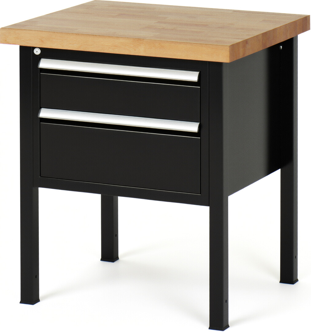 Werkbank Modell 8123 schwarz, BxTxH 750x700x840-1040 mm,  Buche-Massiv Arbeitsplatte 40 mm,  2 Schubladen mit  Auszug 90 %