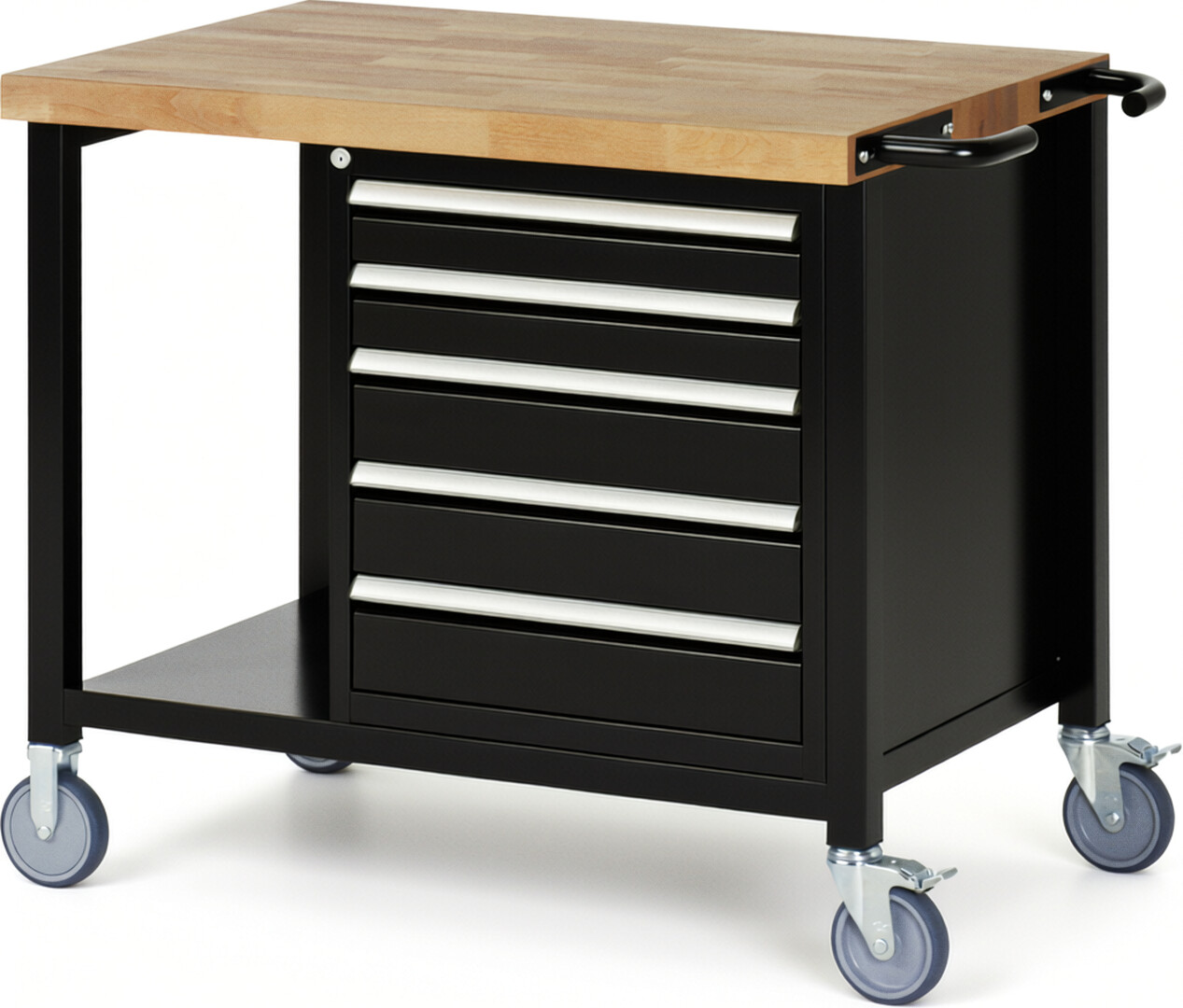 Fahrbare Werkbank Modell 8171 schwarz, BxTxH 1000x700x880 mm,  Buche-Massiv Arbeitsplatte 40 mm,  5 Schubladen mit  Auszug 90 %