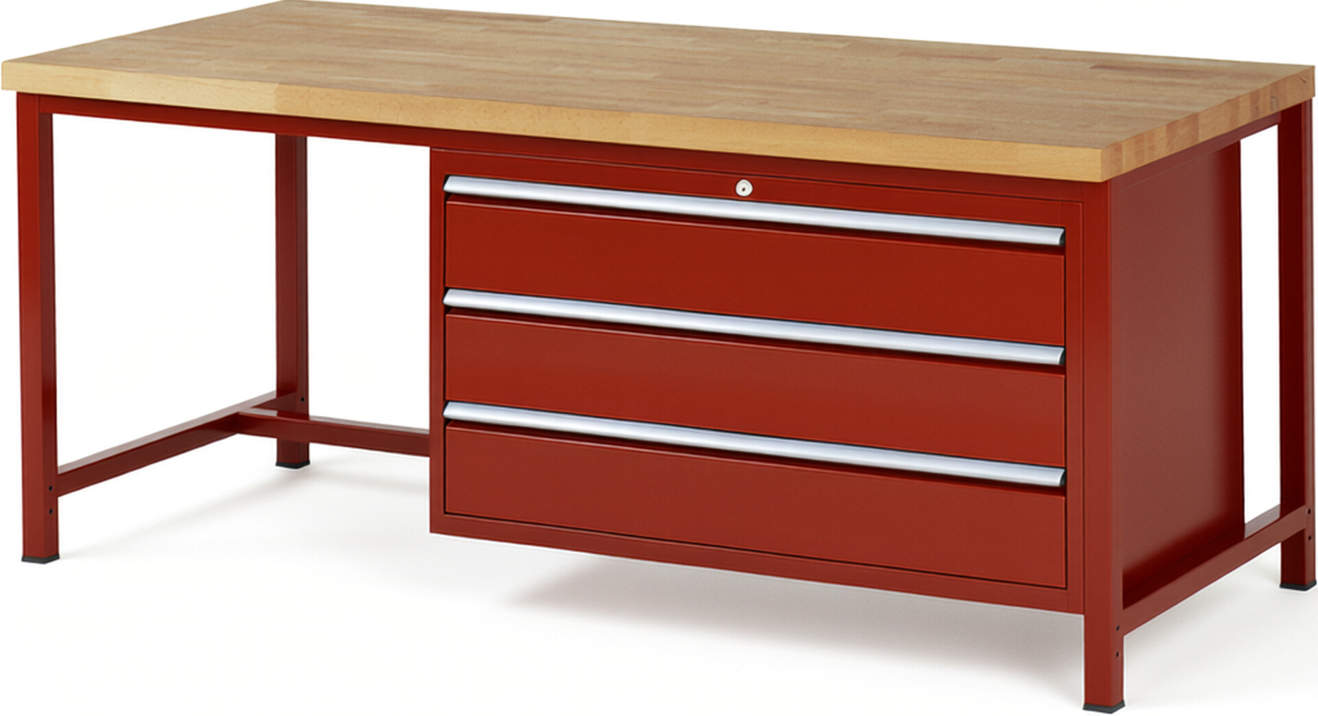 Werkbank Modell 8357 rot, BxTxH 2000x900x840-1040 mm,  Buche-Massiv Arbeitsplatte 40 mm,  3 Schubladen mit  Auszug 90 %
