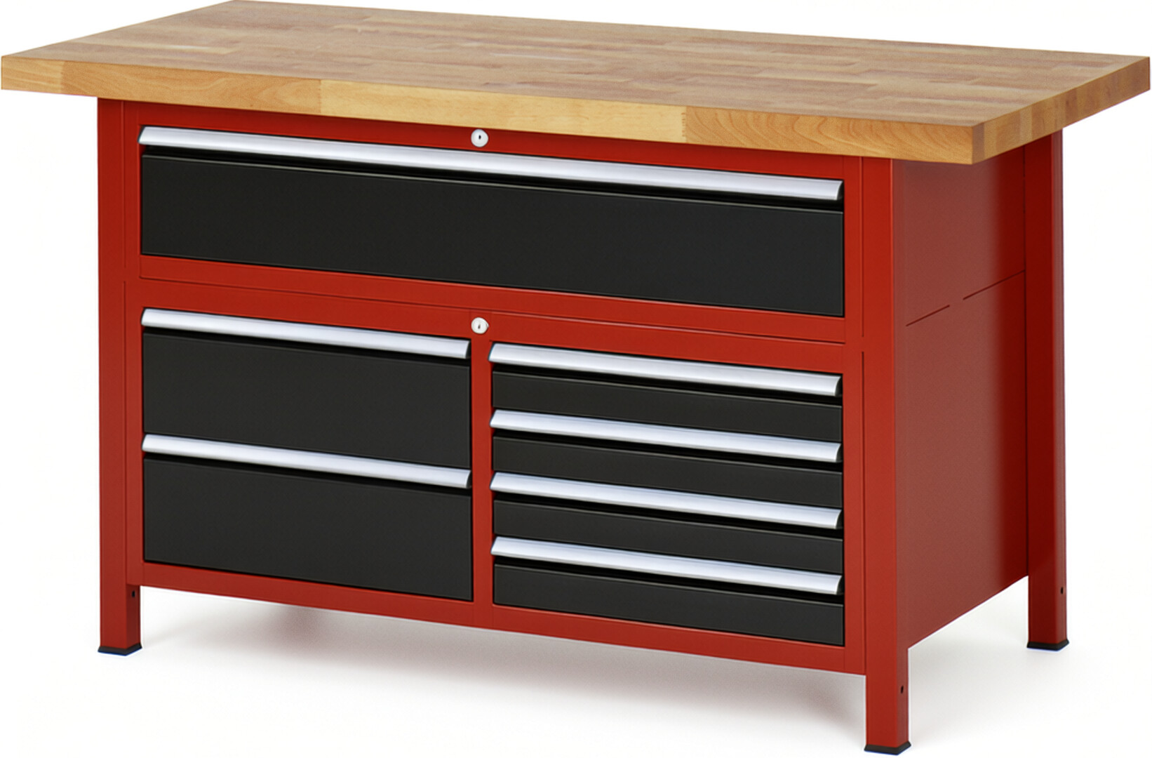 Werkbank Modell 8921 rot - schwarz, BxTxH 1500x700x840-1040 mm,  Buche-Massiv Arbeitsplatte 40 mm,  7 Schubladen mit  Auszug 90 %