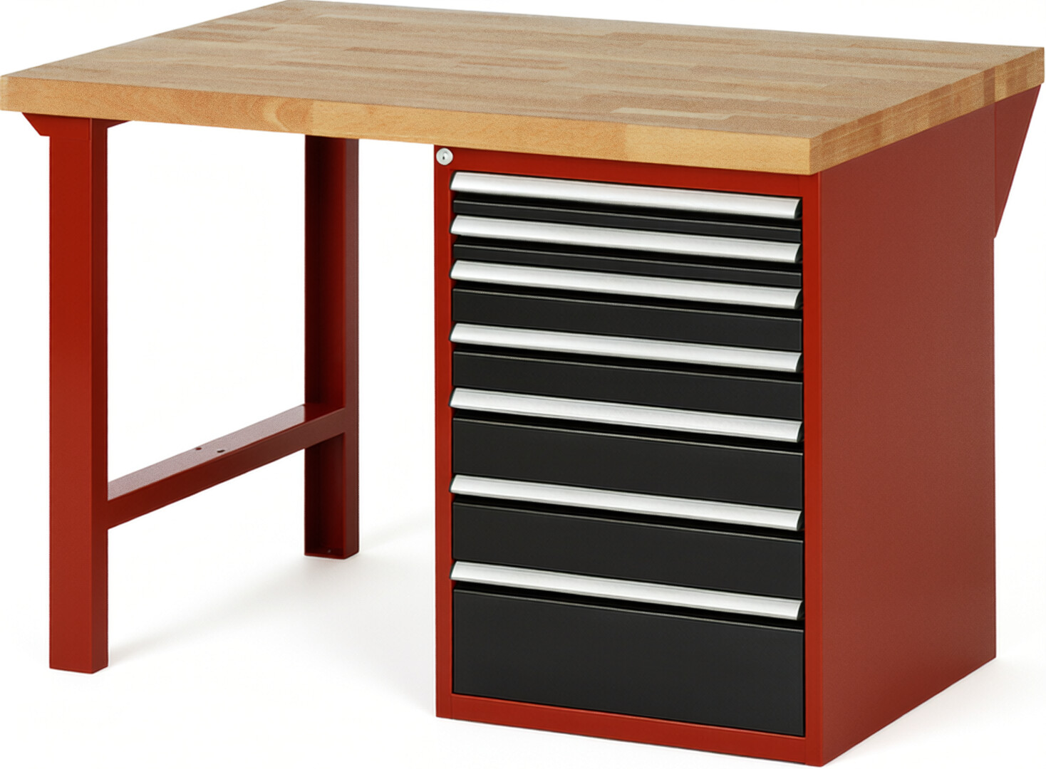 Werkbank Modell 7517 rot - schwarz, BxTxH 1250x900x890 mm,  Buche-Massiv Arbeitsplatte 40 mm,  7 Schubladen mit  Vollauszug 100 % und  SoftClosing