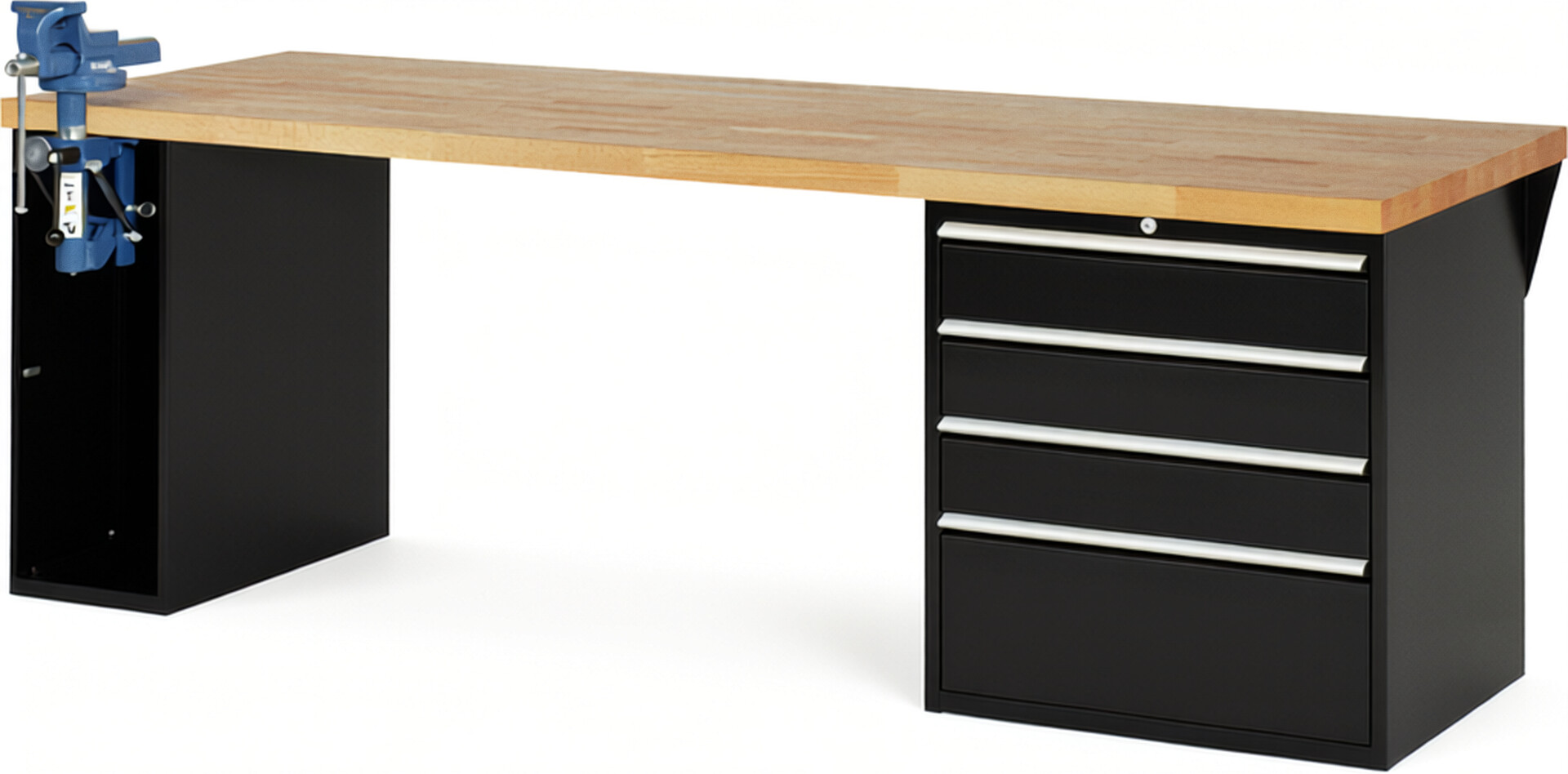 Werkbank Modell 7610 schwarz, BxTxH 2500x900x840 mm,  Buche-Massiv Arbeitsplatte 40 mm,  4 Schubladen mit  Vollauszug 100 % und  SoftClosing