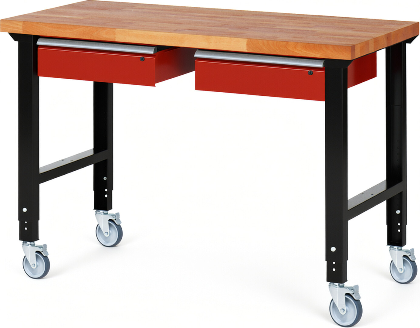 RAU Werkbank schwarz - rot - Breite 150 cm - Tiefe 70 cm - Höhe 100 cm - Buche-Massiv Arbeitsplatte 40 mm