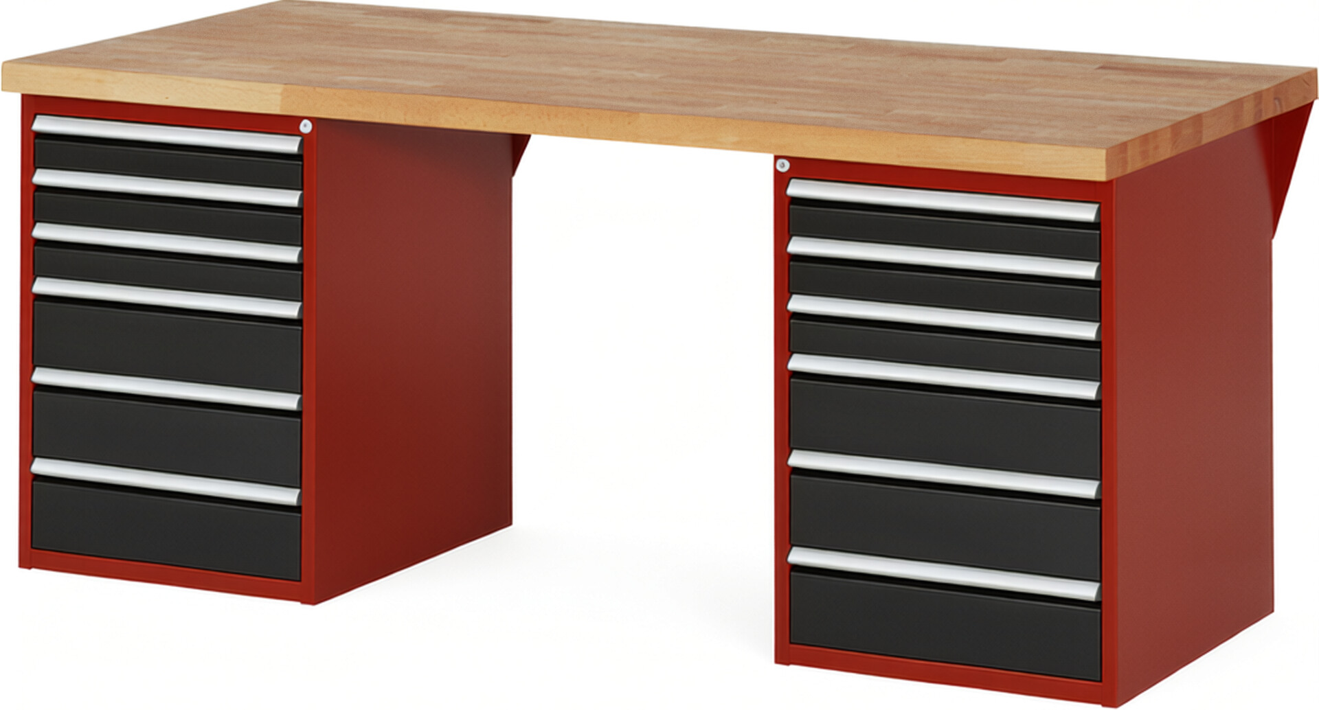 Werkbank Modell 7515 rot - schwarz, BxTxH 2000x900x890 mm,  Buche-Massiv Arbeitsplatte 40 mm,  12 Schubladen mit  Auszug 90 %