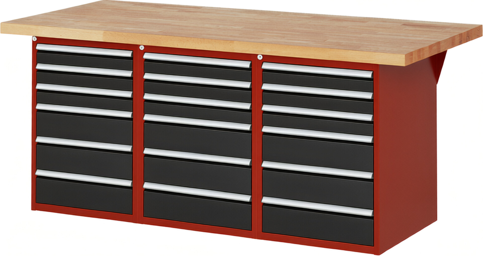 Werkbank Modell 7515 rot - schwarz, BxTxH 2000x900x890 mm,  Buche-Massiv Arbeitsplatte 40 mm,  18 Schubladen mit  Vollauszug 100 % und  SoftClosing