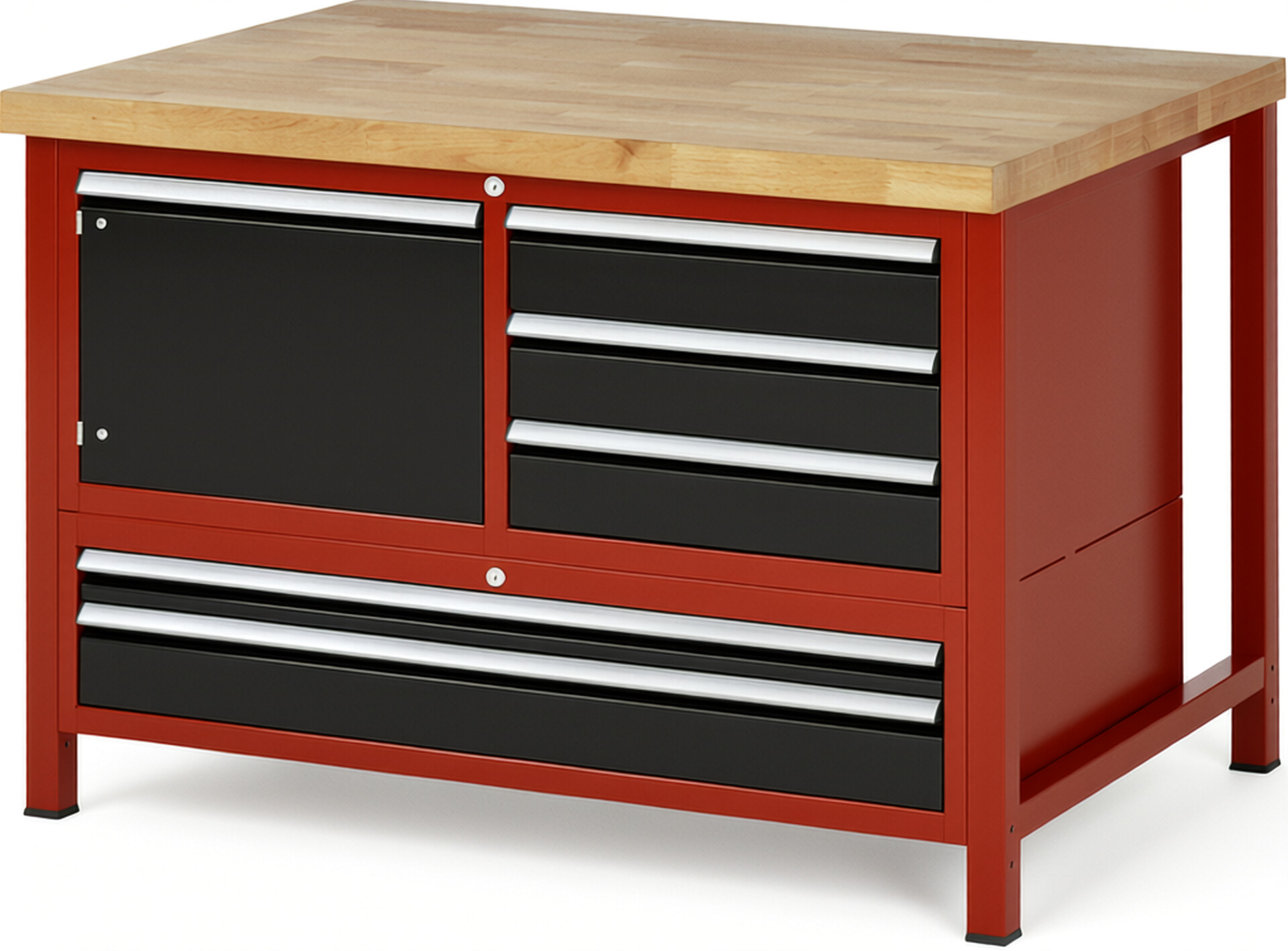 Werkbank Modell 8932 rot - schwarz, BxTxH 1250x900x840 mm,  Buche-Massiv Arbeitsplatte 40 mm,  5 Schubladen mit  Auszug 90 %