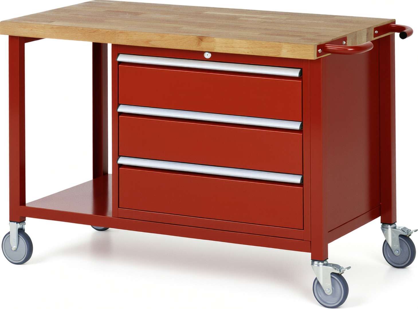 Fahrbare Werkbank Modell 8257 rot, BxTxH 1250x700x880-1080 mm,  Buche-Massiv Arbeitsplatte 40 mm,  3 Schubladen mit  Vollauszug 100 % und  SoftClosing