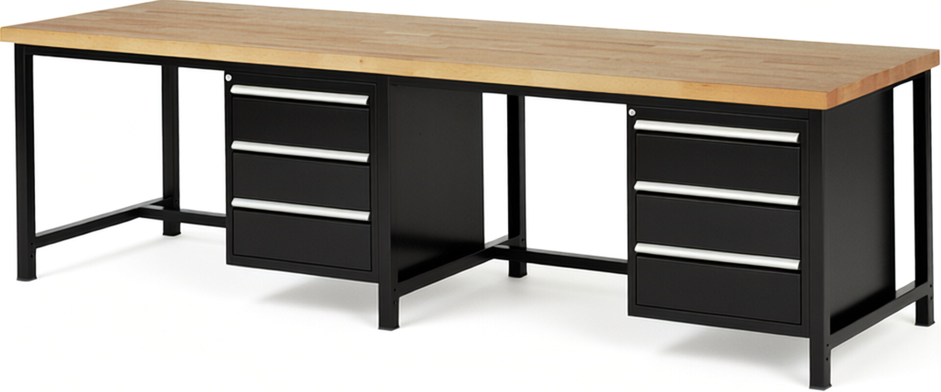 Werkbank Modell 8157 schwarz, BxTxH 3000x900x840-1040 mm,  Buche-Massiv Arbeitsplatte 40 mm,  6 Schubladen mit  Vollauszug 100 % und  SoftClosing