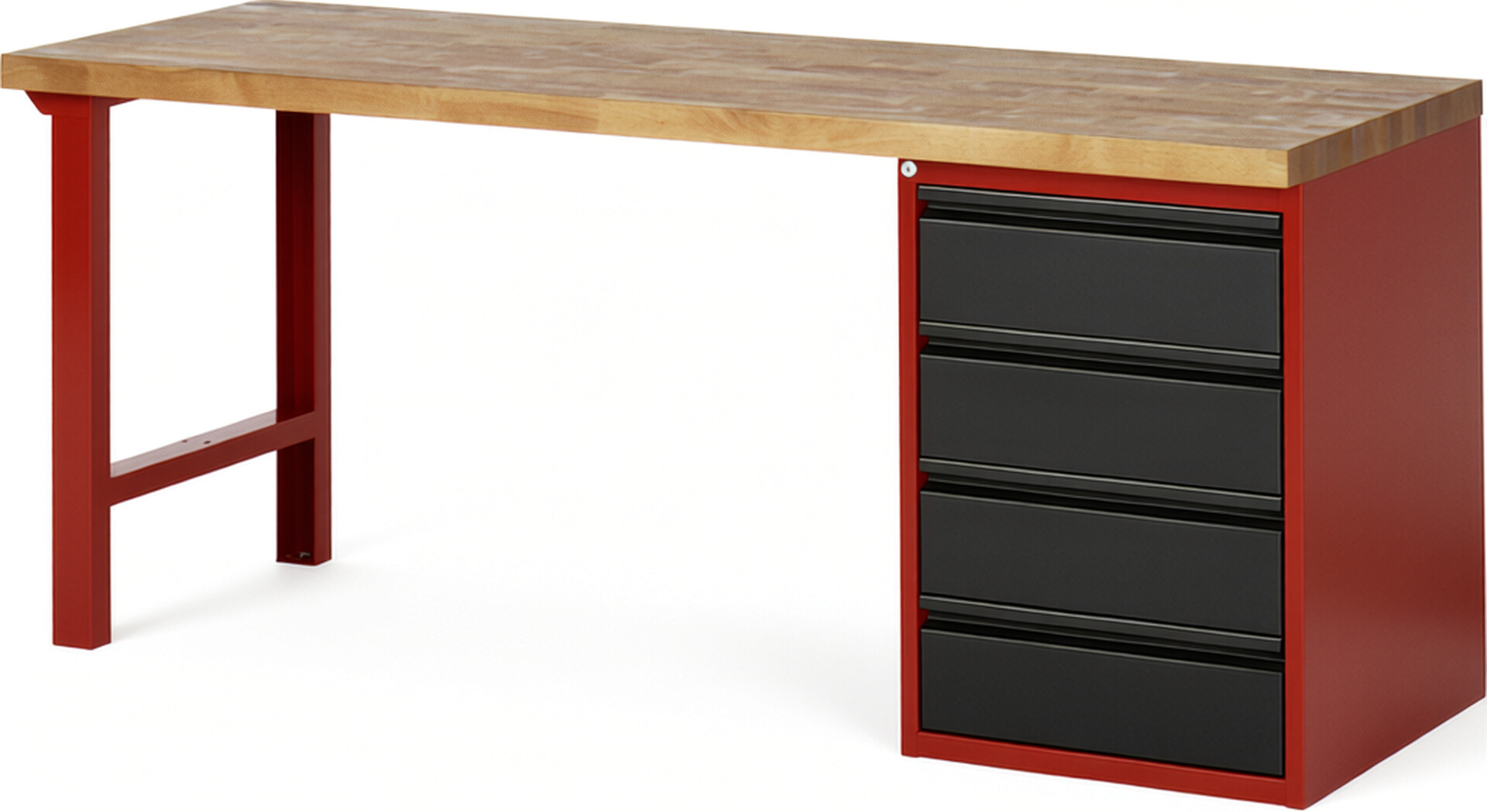 Werkbank, 1 Unterbau-Container mit 4 Schubladen 180 mm, Buche-Platte 40 mm rot - schwarz, BxTxH 2000x700x840 mm, RAL 3000/9011