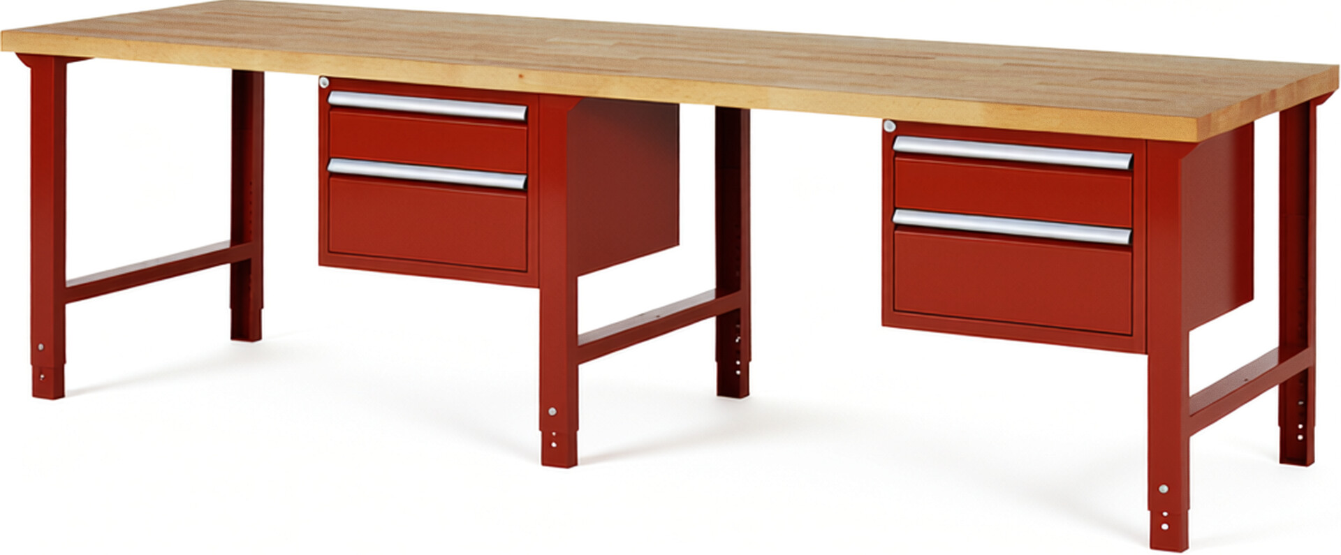 Werkbank Modell 7123 rot, BxTxH 3000x900x790-1140 mm,  Buche-Massiv Arbeitsplatte 40 mm,  4 Schubladen mit  Vollauszug 100 % und  SoftClosing