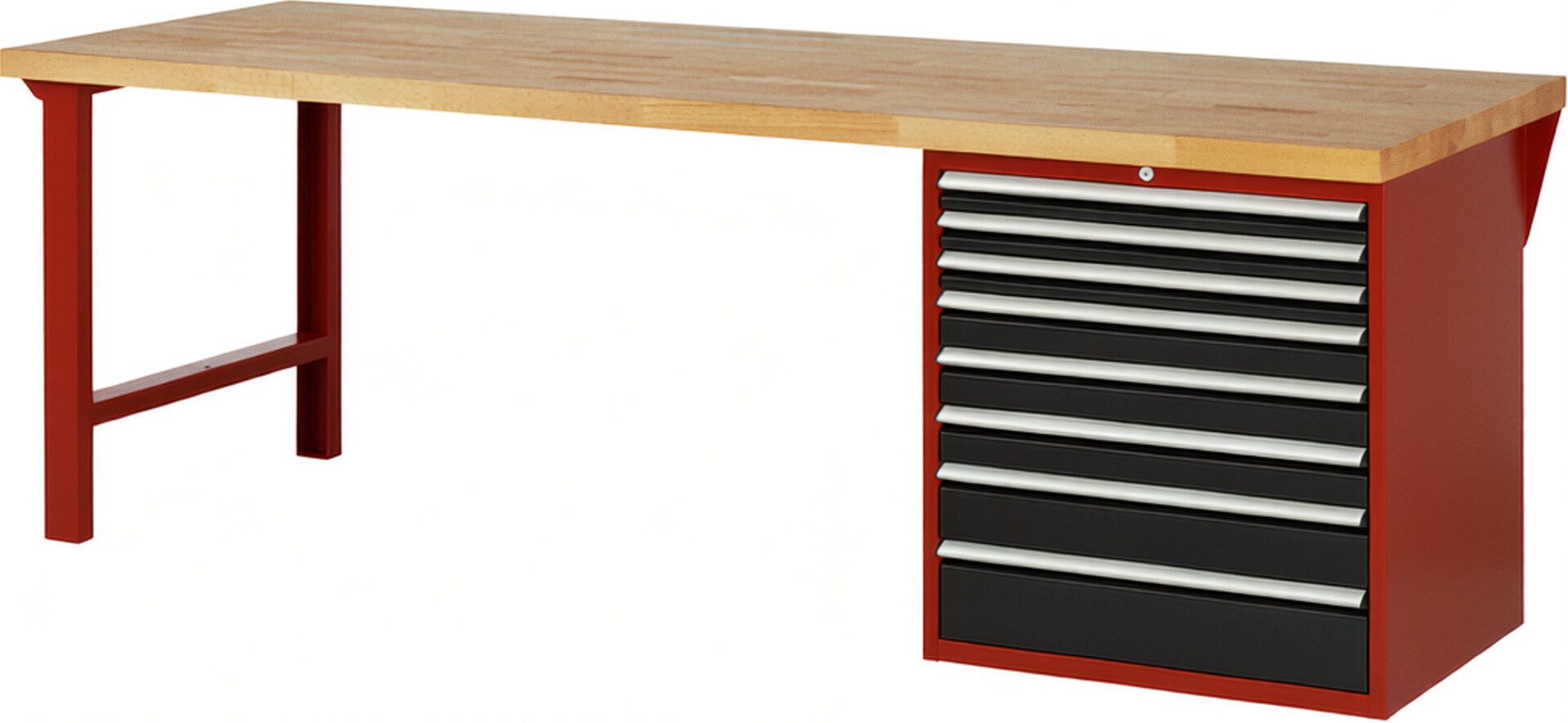 Werkbank Modell 7619 rot - schwarz, BxTxH 2500x900x890 mm,  Buche-Massiv Arbeitsplatte 40 mm,  8 Schubladen mit  Vollauszug 100 % und  SoftClosing