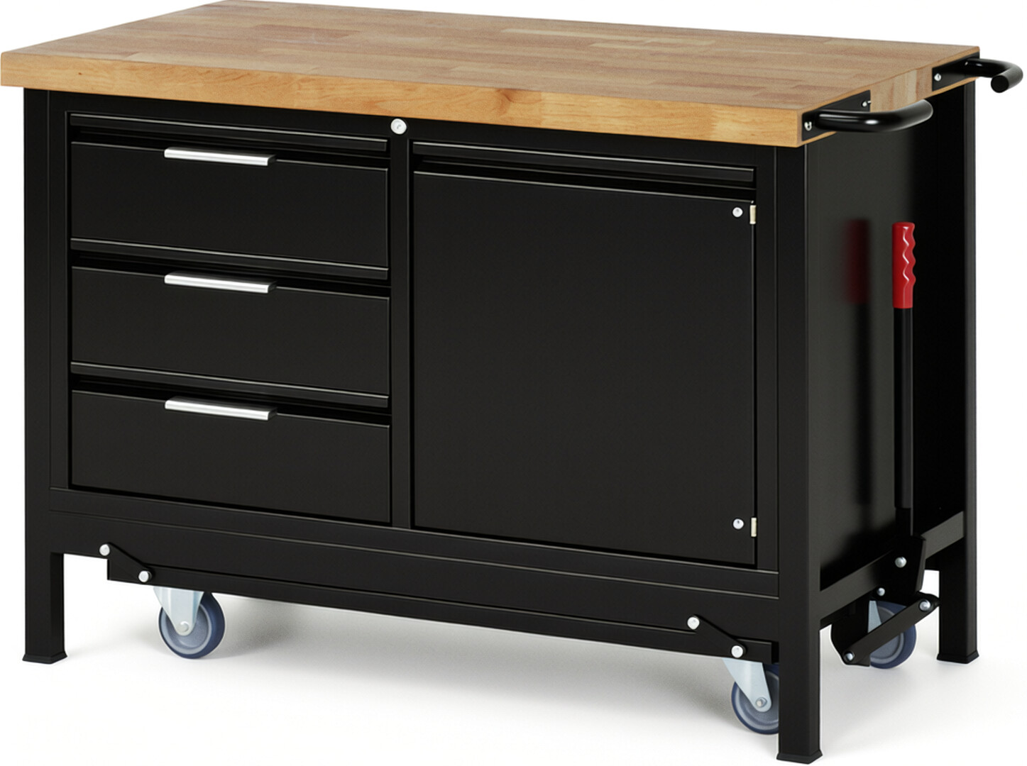 Absenkbare Werkbank - Modell 8468 BASIC schwarz, BxTxH 1250x700x880 mm,  Buche-Massiv Arbeitsplatte 40 mm,  3 Schubladen mit  Auszug 90 %
