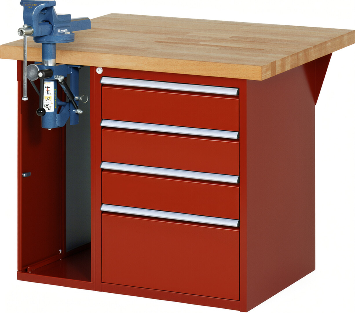Werkbank Modell 7510 rot, BxTxH 1000x900x840 mm,  Buche-Massiv Arbeitsplatte 40 mm,  4 Schubladen mit  Auszug 90 %