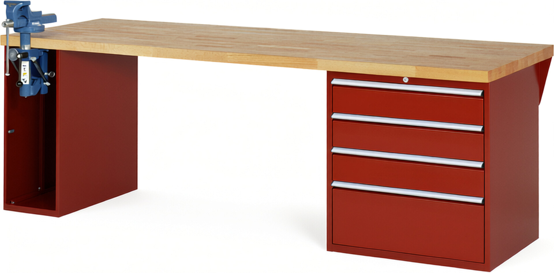 Werkbank Modell 7610 rot, BxTxH 2500x900x840 mm,  Buche-Massiv Arbeitsplatte 40 mm,  4 Schubladen mit  Vollauszug 100 % und  SoftClosing