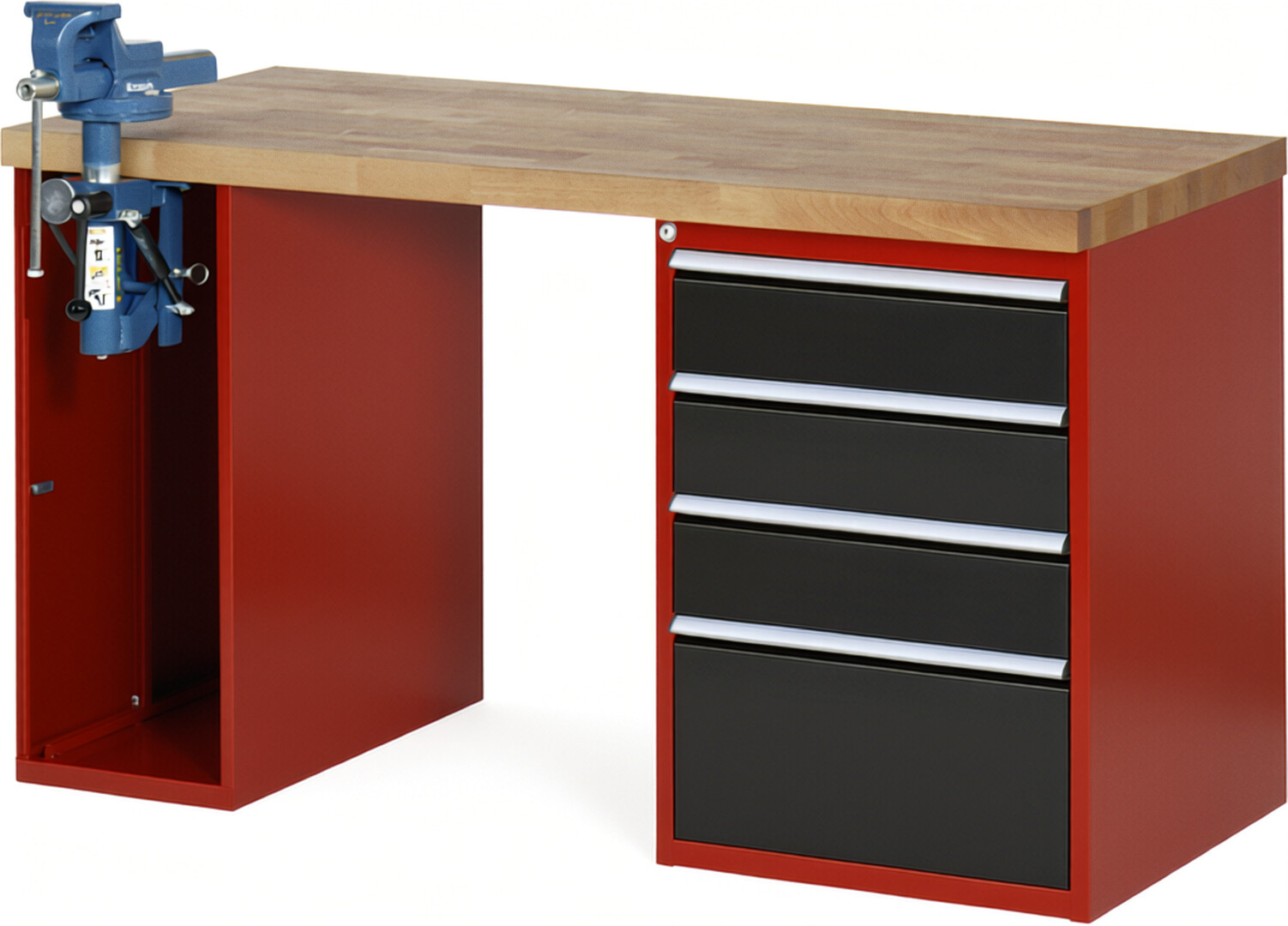 Werkbank Modell 7510 rot - schwarz, BxTxH 1500x700x890 mm,  Buche-Massiv Arbeitsplatte 40 mm,  4 Schubladen mit  Auszug 90 %