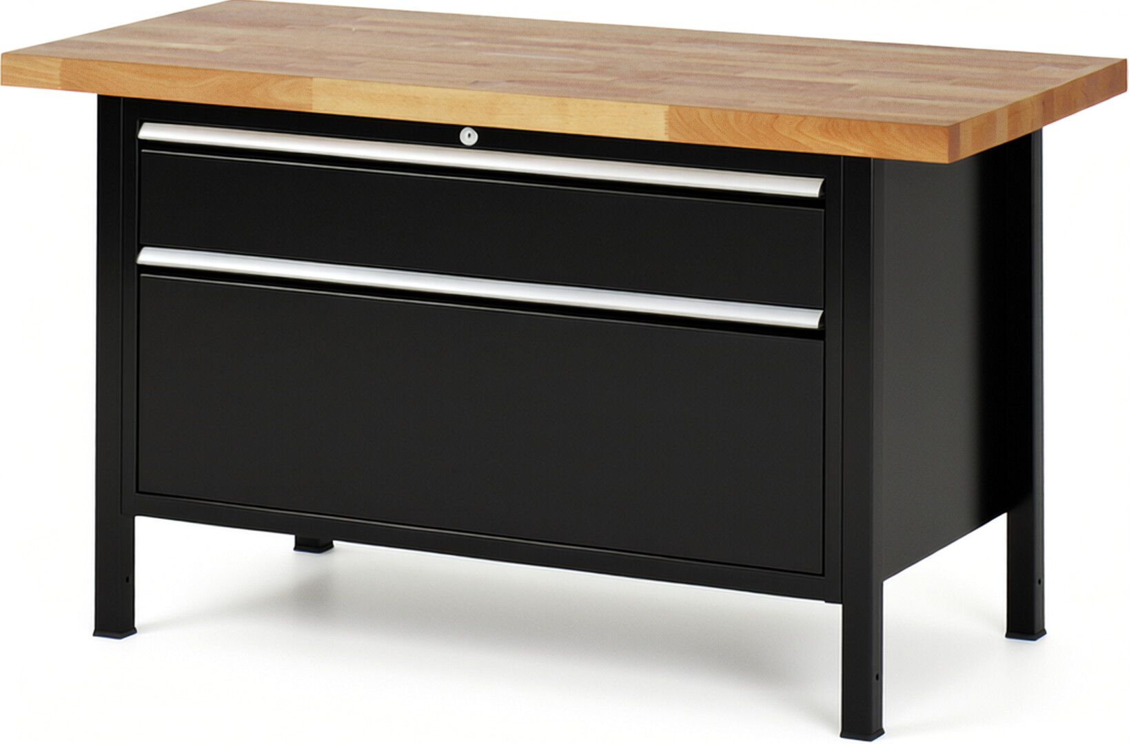 Werkbank Modell 8356 schwarz, BxTxH 1500x700x840 mm,  Buche-Massiv Arbeitsplatte 40 mm,  2 Schubladen mit  Auszug 90 %