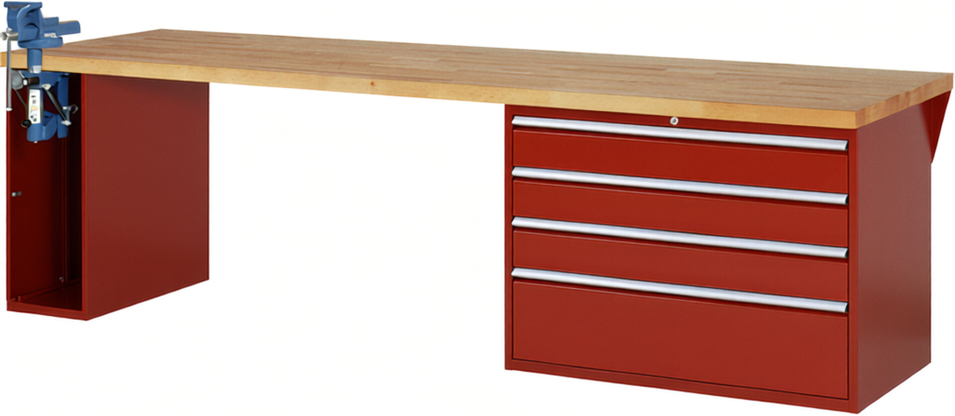 Werkbank Modell 7710 rot, BxTxH 3000x900x840 mm,  Buche-Massiv Arbeitsplatte 40 mm,  4 Schubladen mit  Auszug 90 %