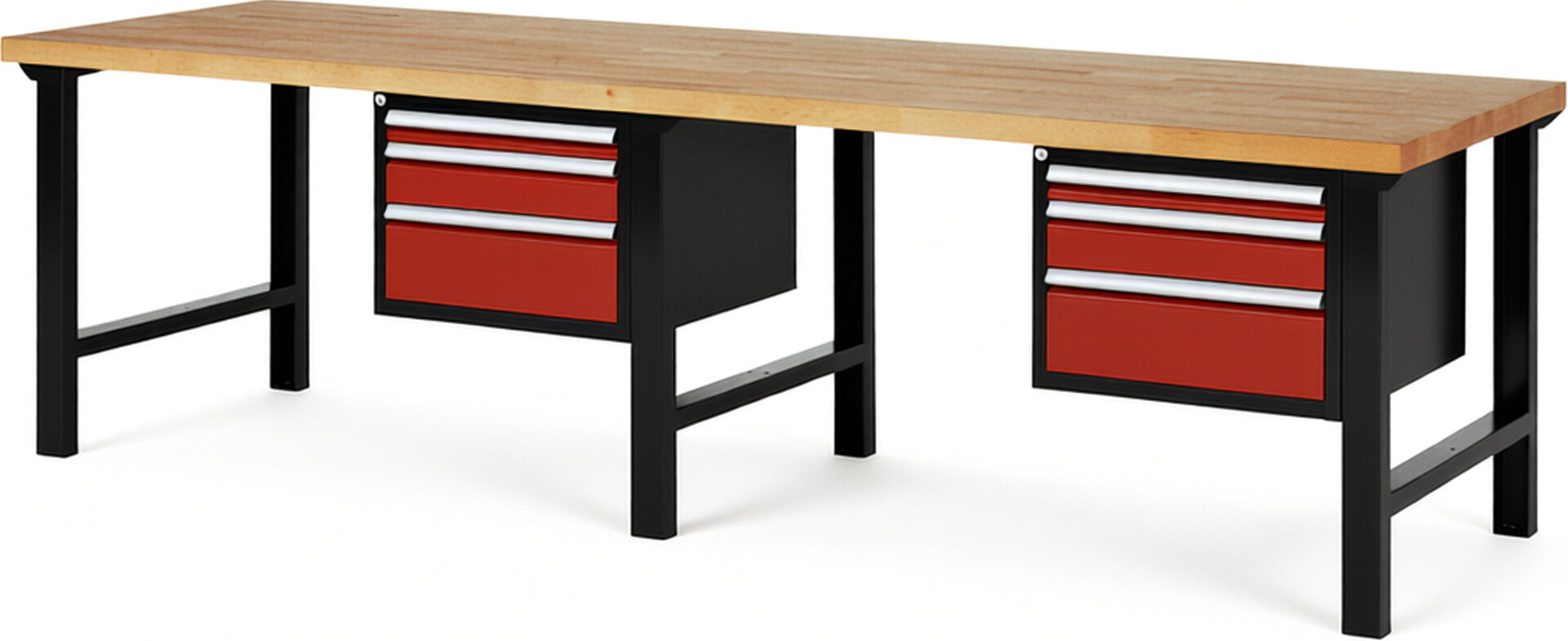 RAU Werkbank schwarz - rot - Breite 300 cm - Tiefe 90 cm - Höhe 84 cm - Buche-Massiv Arbeitsplatte 40 mm